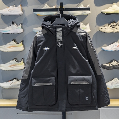 李宁短款连帽羽绒服25年男子新宽松派克服棉外套防风保暖AYMV249