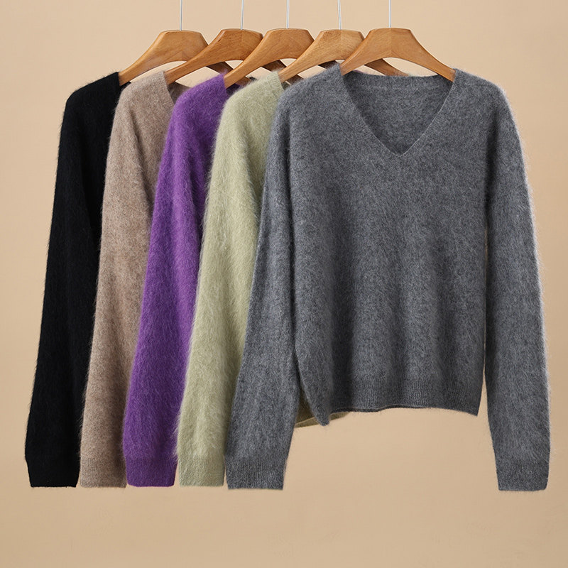 100%山羊绒针织衫女V领拉毛羊绒衫宽松慵懒风拉绒打底衫百搭毛衣,女装/女士精品,羊绒衫,淘宝优惠券,粉丝福利购,淘宝优惠卷