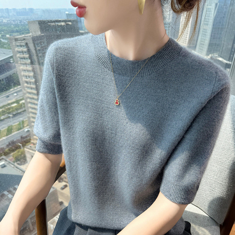 圆领短袖羊毛衫女针织T恤薄半袖羊绒衫轻盈软糯打底衫五分袖毛衣,女装/女士精品,毛针织衫,淘宝优惠券,粉丝福利购,淘宝优惠卷