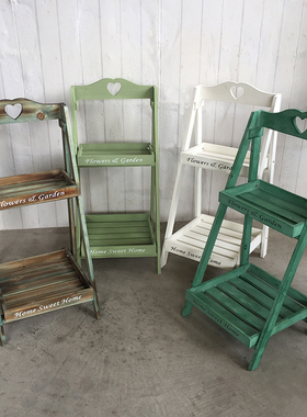 美式乡村复古实木花架几阶梯落地式多层方形置物架子阳台花台美式