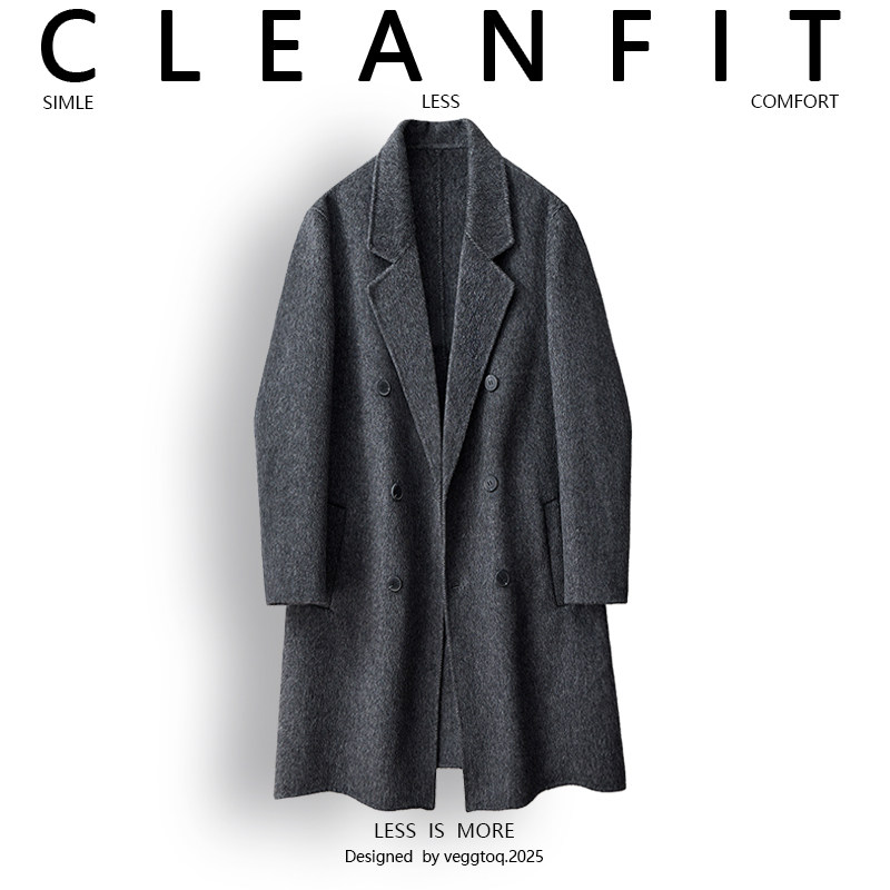 80羊毛双面呢大衣男中长款冬季西装双排扣毛呢韩式呢子风衣外套男