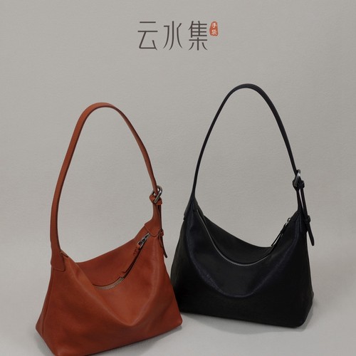 云水集头层植鞣牛皮慵懒hobo包软