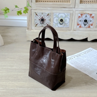 云水集真皮女包2025新款复古手提包水晶植鞣牛皮单肩斜挎包菜篮子