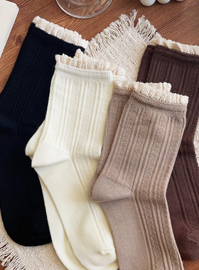 竹纤维蕾丝花边黑色袜子女~好看中筒袜配小皮鞋~纯棉吸汗秋冬长袜