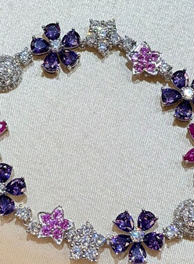 轻奢s925纯银 仲夏夜之梦粉紫钻花絮手链满钻感精致重工彩宝彩钻