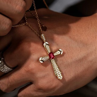 1.0ct培育红宝石十字架雕花项链欧美热销嘻哈潮男女同款情侣