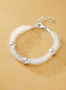 设计师意大利S925银三条网链包光珠手链