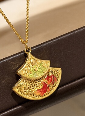 设计师s925纯银 可活动镂空双面荷花锦鲤扇形吊坠项链古法双扇形