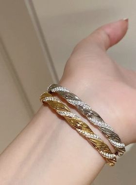 鑫葆康手环手镯麻花螺旋复古个性S925手镯高满钻纯银镶钻编织镶嵌