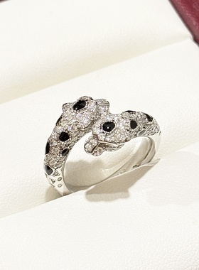 s925纯银 双头豹子窄版开口戒指动物系列豹富感满钻镶嵌绿眼