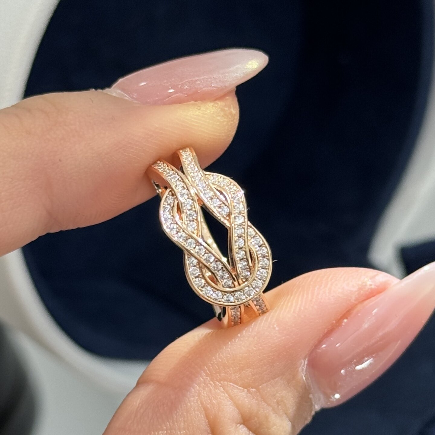 拉环8字扣双排钻戒指感镶嵌电镀18k玫瑰金纯银925戒指金包银