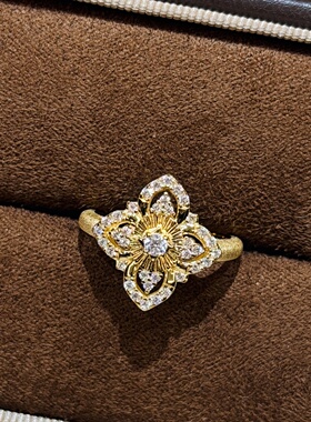 轻奢s925纯银 金刚杵菱形四叶草拉丝戒指新中式复古