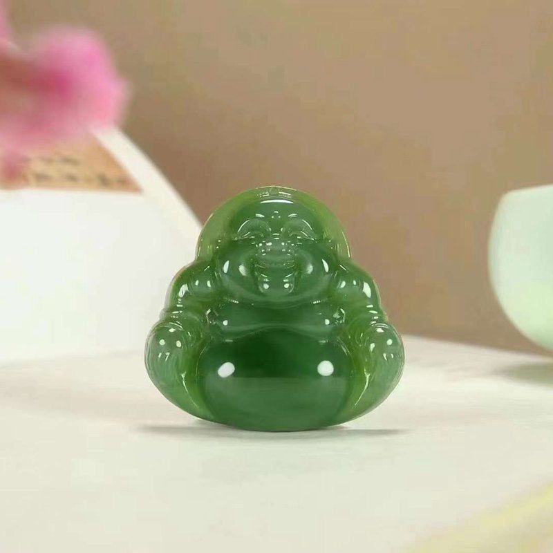 XBK和田玉供应链天然新疆和田玉碧玉老料微黑点大肚弥勒笑佛吊坠