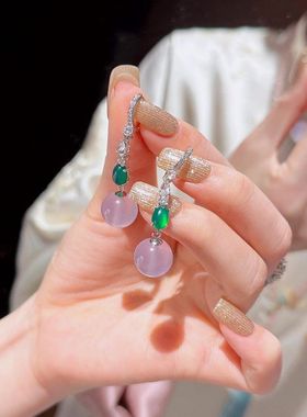 XBK天然紫罗兰紫玉髓圆珠耳环S925纯银汉服配饰显脸小新中式国风