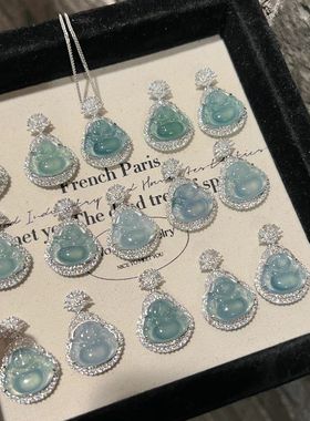 XBK新中式天然危料蓝水佛公S925纯银镶嵌吊坠冰种翡翠罗汉笑佛项