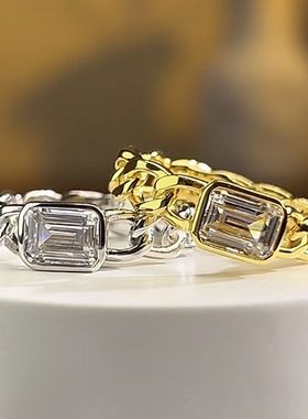 轻奢珠宝S925银长方锆石古巴金色