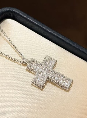 设计师s925纯银 满钻镶嵌爆闪十字架项链感拉伸链可做毛衣链精致
