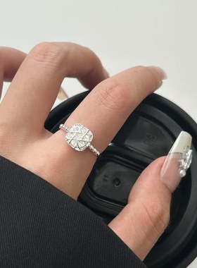 S999足银拉丝小方糖满钻女戒