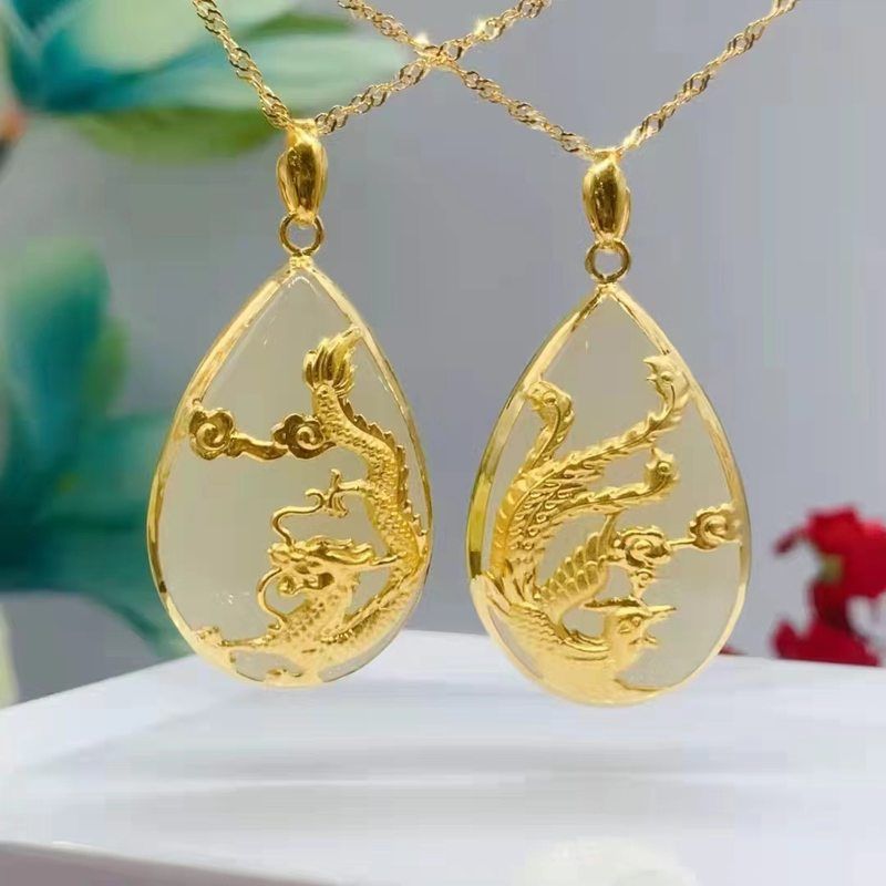 轻奢旅游购物店金镶玉999足金包玉水滴龙凤对和田玉天然吊坠