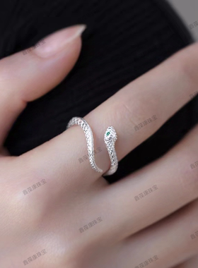 男女灵蛇蛇潮人款时尚戒开口足银