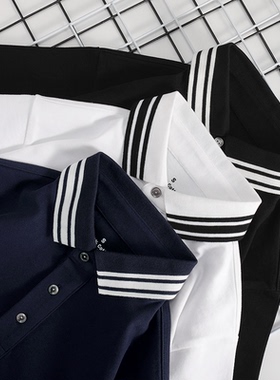 匹戏300g重磅条纹领美式polo衫男新疆棉纯棉翻领保罗短袖T恤INS
