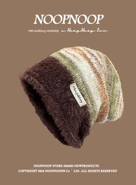 秋冬保暖大头围显脸小拼色毛绒帽护耳复古美拉德风针织堆堆帽子女