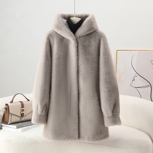 2025秋冬皮毛一体欧貂绒环保皮草大衣女仿水貂连帽年轻中长款外套