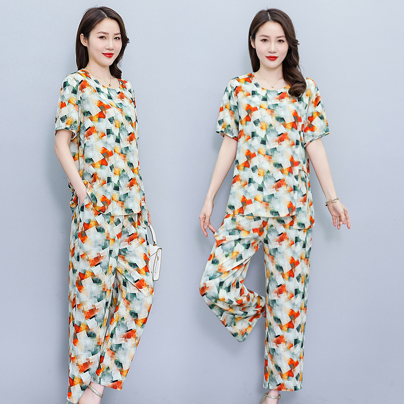 2025夏季新款休闲大码女装高端洋气宽松碎花短袖上衣裤子两件套装