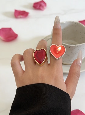 戒指蜡烛金属合金蜡烛指环戒 ins个性冷淡风爱心宝石镶钻宽版叠戴