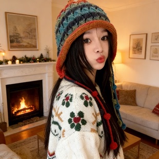 日杂冷帽日系时尚百搭毛线帽女彩色薄款流苏手工针织帽秋冬保暖包