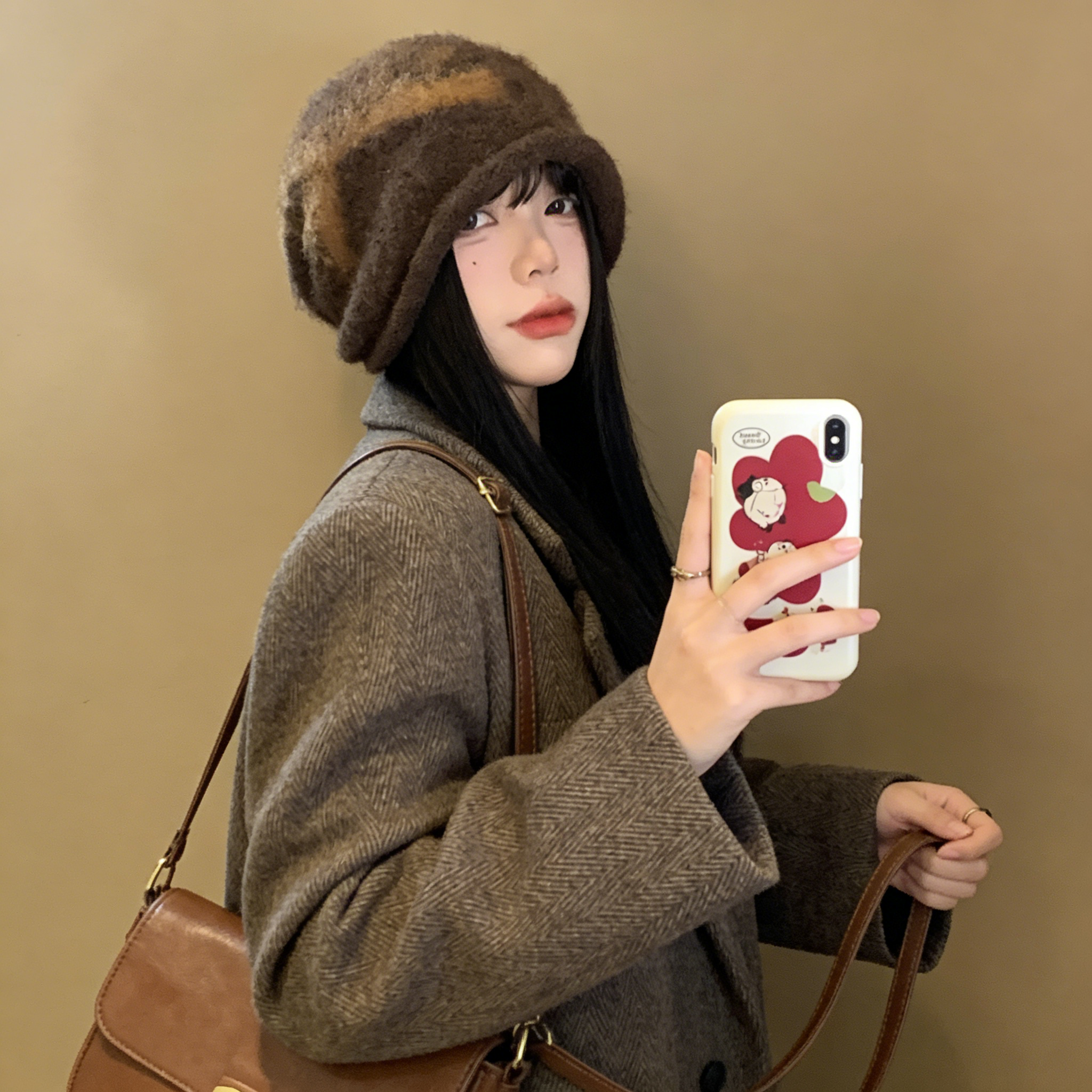 日杂冷帽蝴蝶结针织堆堆帽女秋冬季日系复古大头围显脸小冷帽保暖