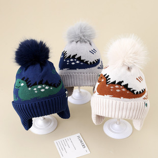 出口欧美冬天儿童加绒帽子恐龙毛线帽3-8岁男童保暖针织护耳帽子