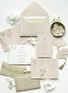 双面中英文港式喜帖婚礼请柬烫金凸版定制请帖凹印喜帖邀请函杏色