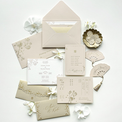 双面中英文港式喜帖婚礼请柬烫金凸版定制请帖凹印喜帖邀请函杏色