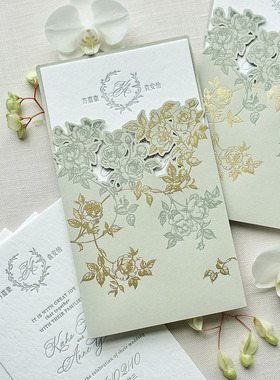 西式玫瑰婚礼请柬letterpress凸版定制请帖凹印喜帖邀请函浅绿色