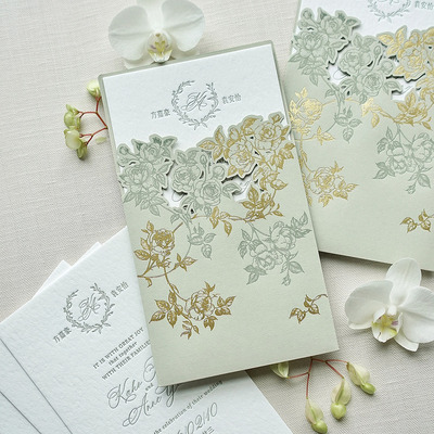 西式玫瑰婚礼请柬letterpress凸版定制请帖凹印喜帖邀请函浅绿色