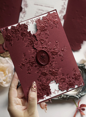 浮雕烫金婚礼请柬letterpress凸版结婚请帖凹印喜帖邀请函酒红色