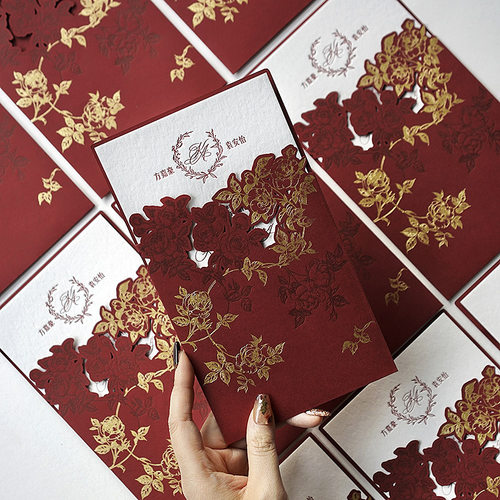 西式玫瑰婚礼请柬letterpress凸版定制请帖凹印喜帖邀请函暗红色
