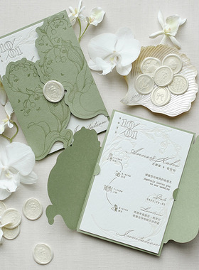 法式婚礼请柬letterpress凸版结婚请帖凹印喜帖邀请函绿色铃兰