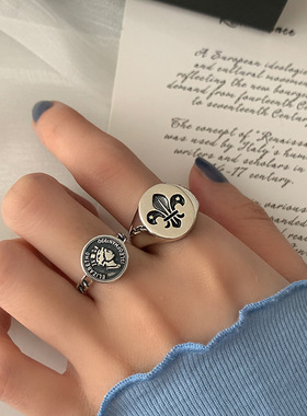 日韩S925银十字架戒指女复古时尚女王人像开口指环气质嘻哈食指戒