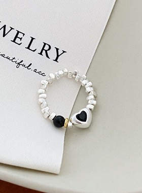 简约碎银弹力戒指女黑色爱心拼色S925指环叠戴个性创意食指戒