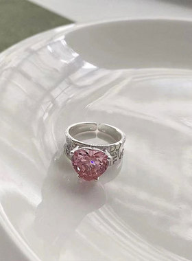 韩版S925银个性粉色爱心锆石戒指女复古时尚字母开口指环食指戒潮