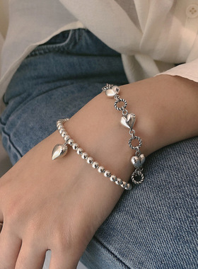 韩版S925银甜美立体桃心手链女复古时尚气质爱心手环嘻哈文艺手饰