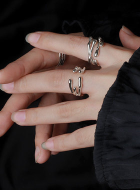 韩版S925银几何不规则线条戒指女复古时尚个性嘻哈开口指环食指戒