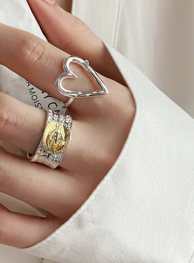 镂空爱心戒指女简约时尚拼色字母S925银开口指环甜酷叠戴食指戒潮