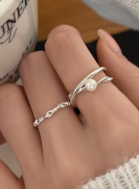 简约线条交叉珍珠戒指女几何链条叠戴百搭S925镀银开口指环食指戒