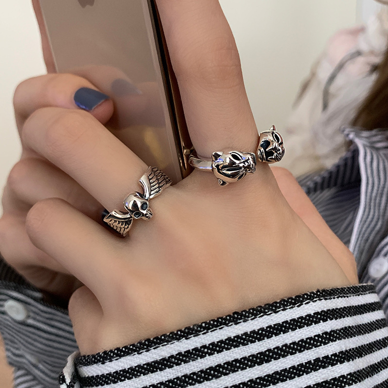 日韩S925银个性骷髅戒指女复古时尚豹头开口指环嘻哈朋克食指戒潮