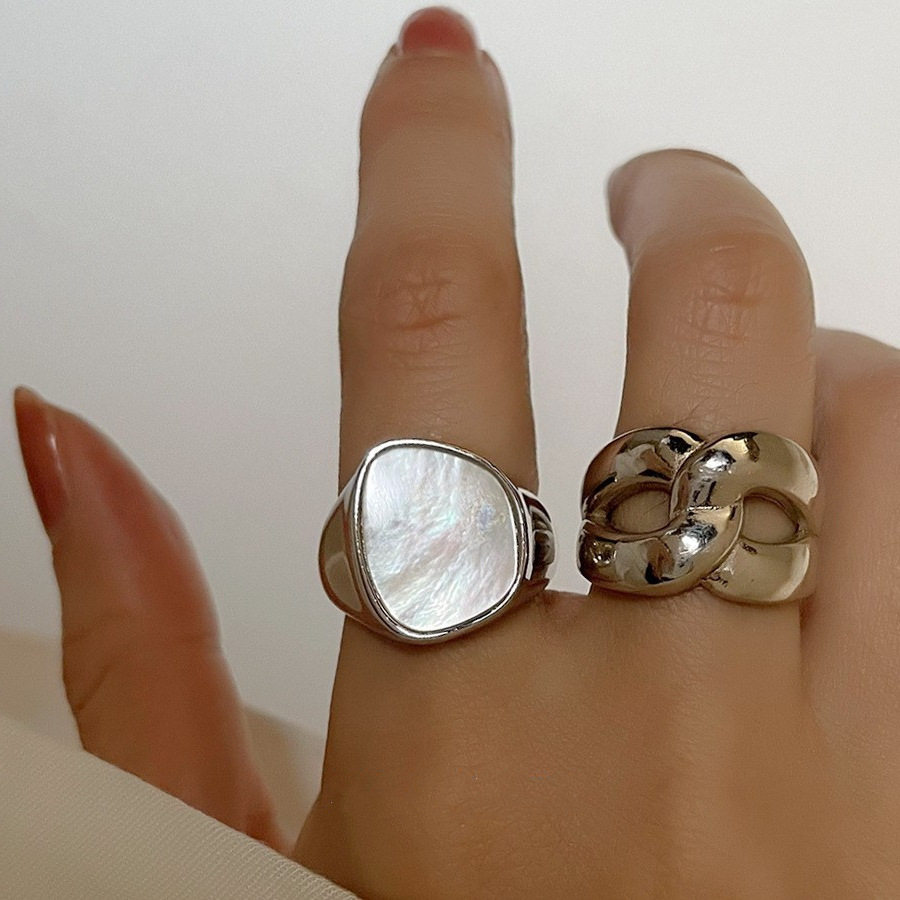 韩版S925银几何贝母戒指女复古时尚个性交叉开口指环嘻哈食指戒潮