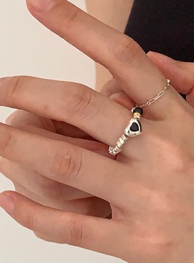 黑色桃心戒指女几何碎银不规则弹力S925指环百搭创意甜酷食指戒潮