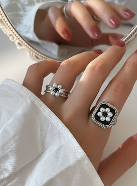 欧美复古时尚珍珠戒指女925银韩版轻奢高级感跨境个性开口食指环